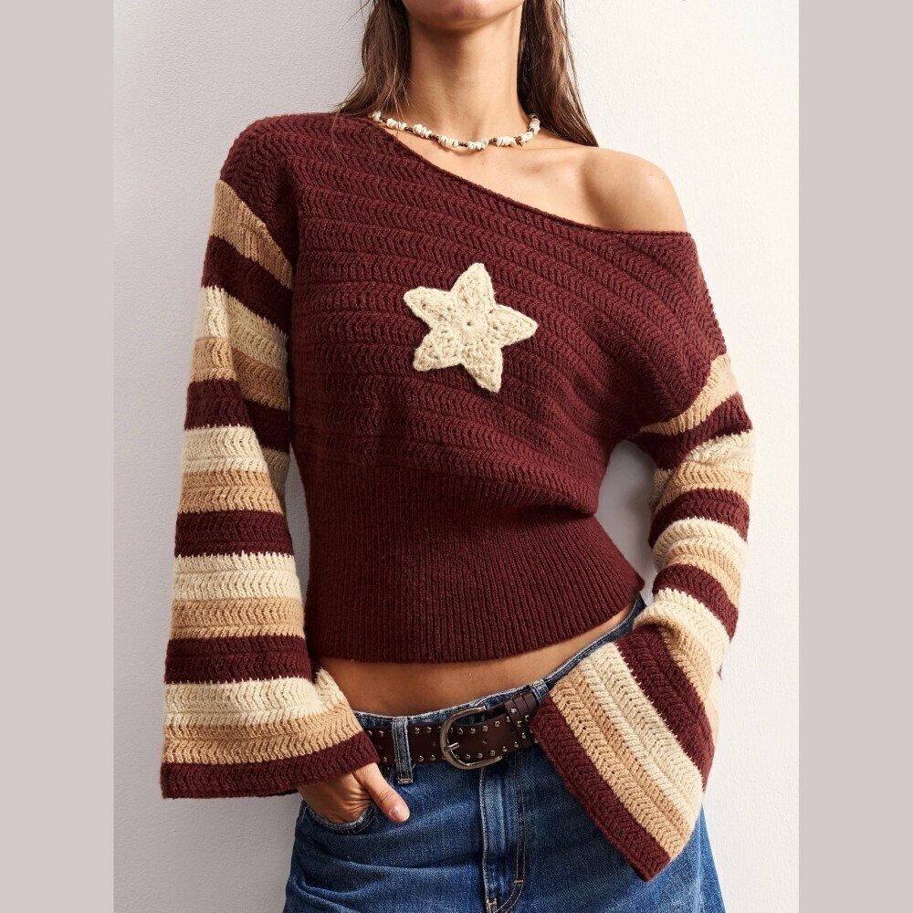 Burgundy Striped Flared Sleeve Star Applique Off Shoulder Sweater